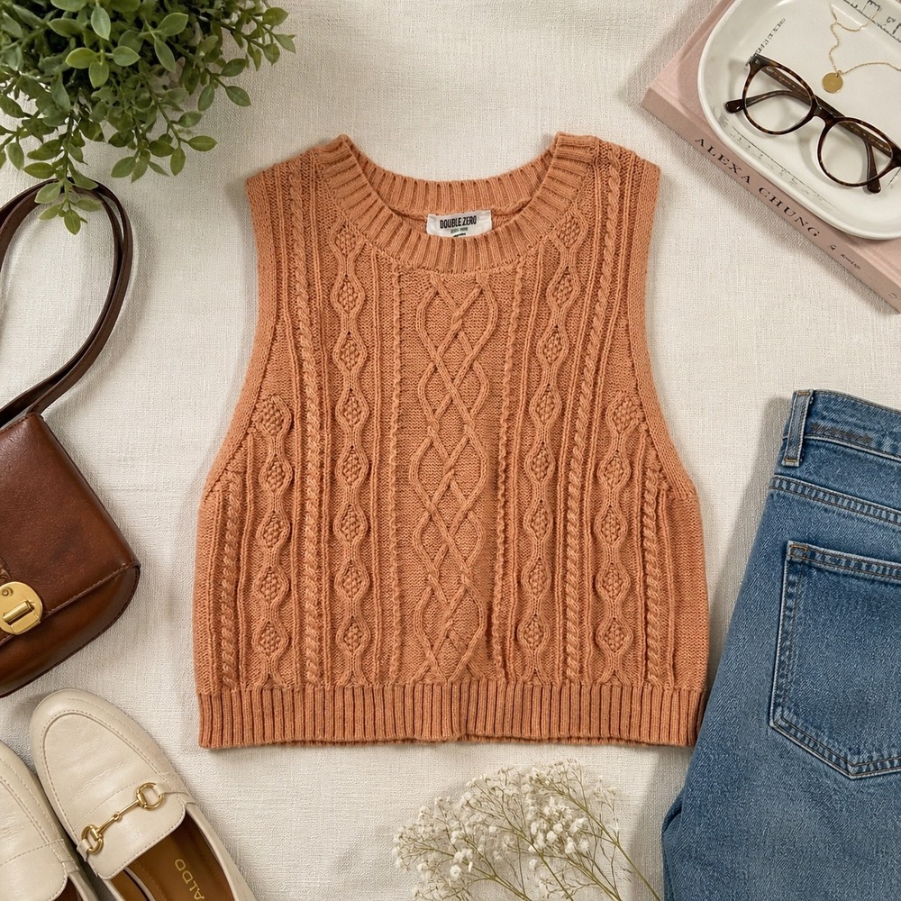 Double Zero Women Peach Orange Cable Knit Cotton Sweater Vest Size L